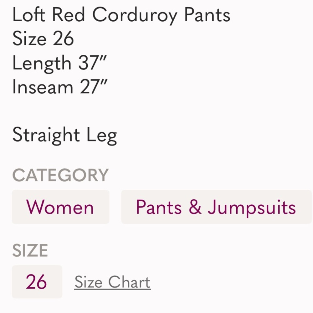 LOFT Vibrant Red Corduroy Pants
High Rise Straight Leg - Picture 10 of 10